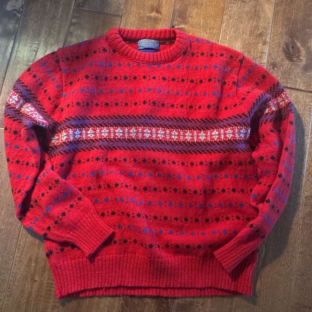 Pendleton Vibrant Red Wool Crewneck Sweater with Black and White Accents